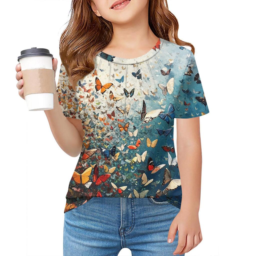 Детская футболка Fold A для девочек, летняя модная куртка с круглым воротником и цветочным принтом с короткими рукавами