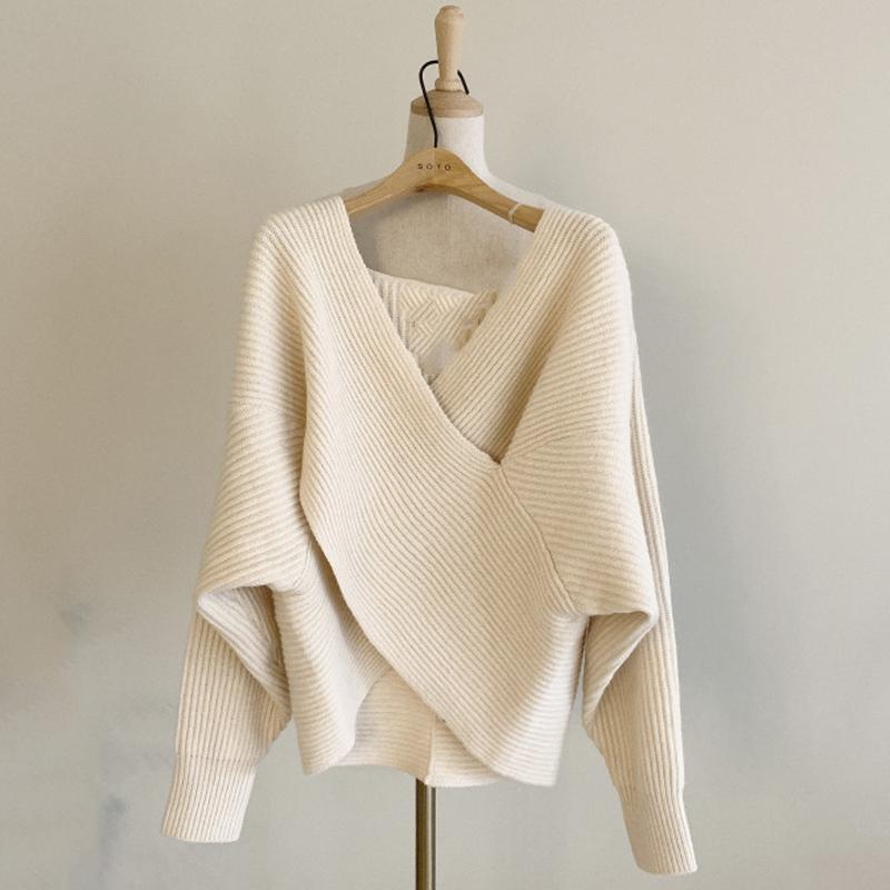 Temperament Simple cross-V-neck Loose Women's Sweater, Autumn and Winter Commuting All-match Elegant Women's Sweater Top