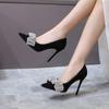 French High Heels Women's 2024 New Pointed Thin Heel Black Rhinestone Fashion Fairy Style Elegant Single Shoe Party Casual Shoes