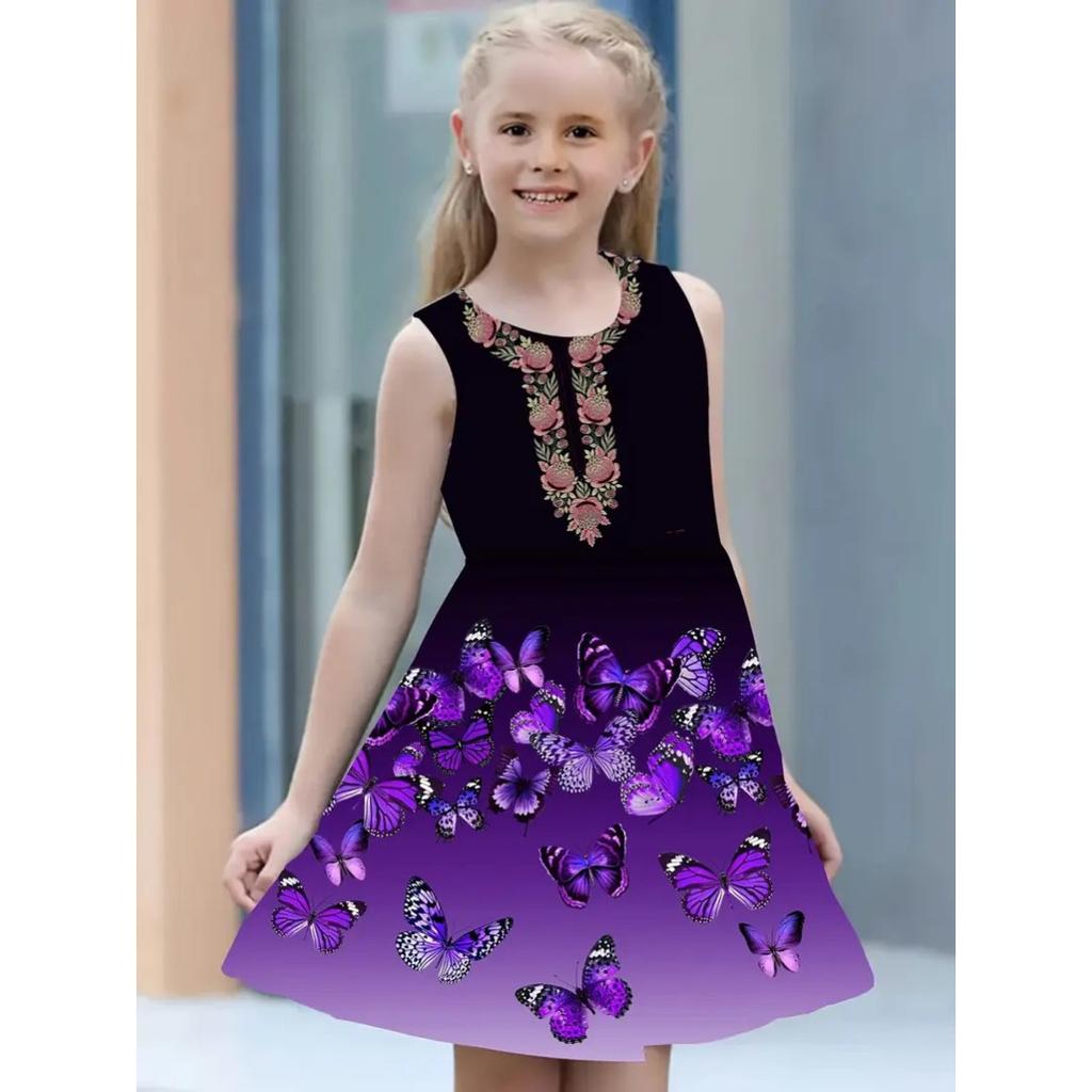 Girls Round Neck Sleeveless Vest Dress Dress Dresses Lovely Splicing Collision Colour Princess Dress 3D Digital Printing
