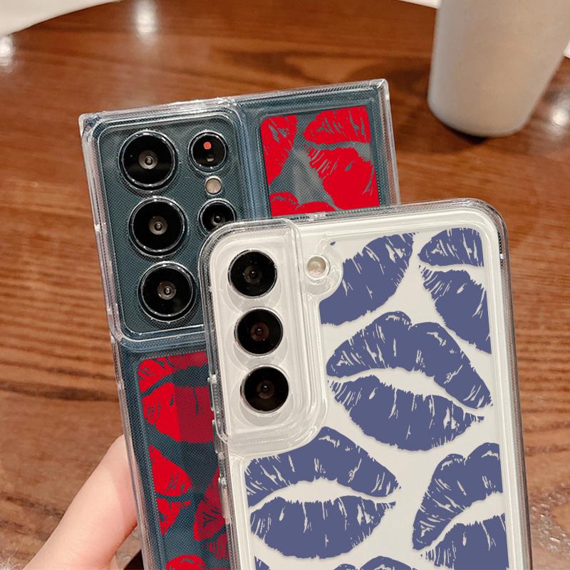 Противоударный силиконовый чехол для телефона Samsung S24 S23 Ultra S22 S21 Plus S20 FE A55 A54 A53 A52 A35 A34 A14, мягкий прозрачный чехол с цветным рисунком губ