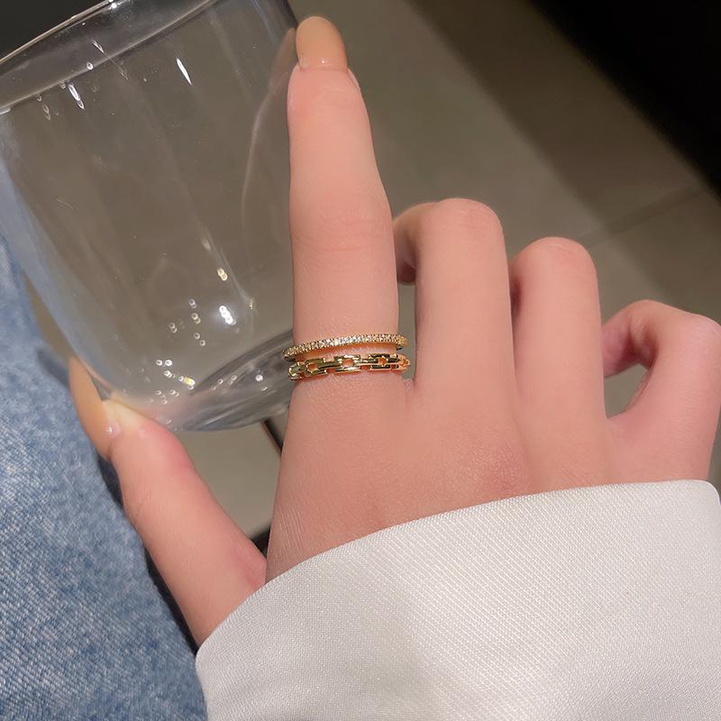 Trendy High-End Zircon Double-Layer Adjustable Open Ring for Women