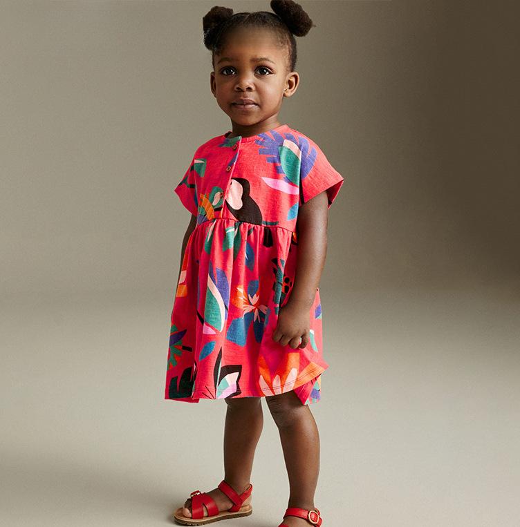 Лето чистый хлопок забавный мультяшный принт повседневное платье для девочки короткий рукав свободная юбка милый красный платья для девочек детская одежда