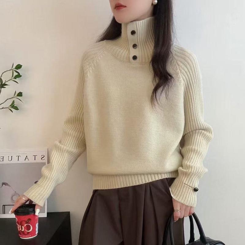 Women's Petite Retro High Neck Knit Pullover: Thick, Loose, Comfy Long Sleeve Sweater