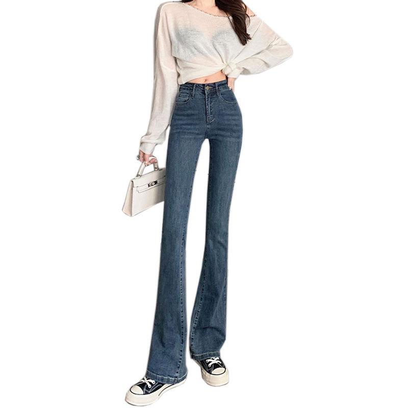 Women's Blue-Gray High Waist Slimming Flared Jeans - Small Size, Elastic Autumn/Winter Pants