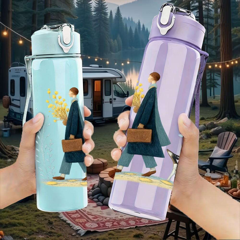 1PC Gentleman Dog Walking Side Profile 750ml Color Plastic Sports Water Bottle Leakproof Flip Straw Lid Suitable for Sports Office Home Use