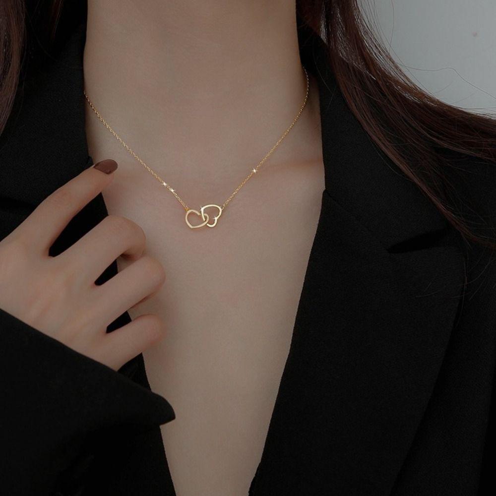 Double Heart Clavicle Choker Alloy Pendant Necklace Fashion Love Drop Necklace
