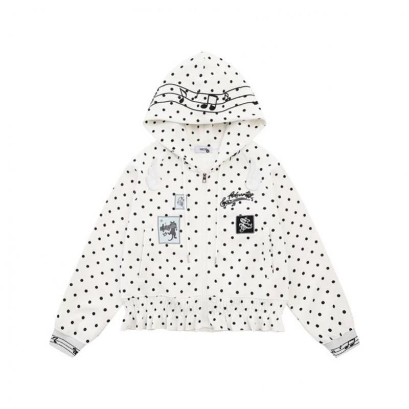 Vintage Polka Dot Embroidered Hoodie Loose Fit Casual Short Sweatshirt Women Streetwear