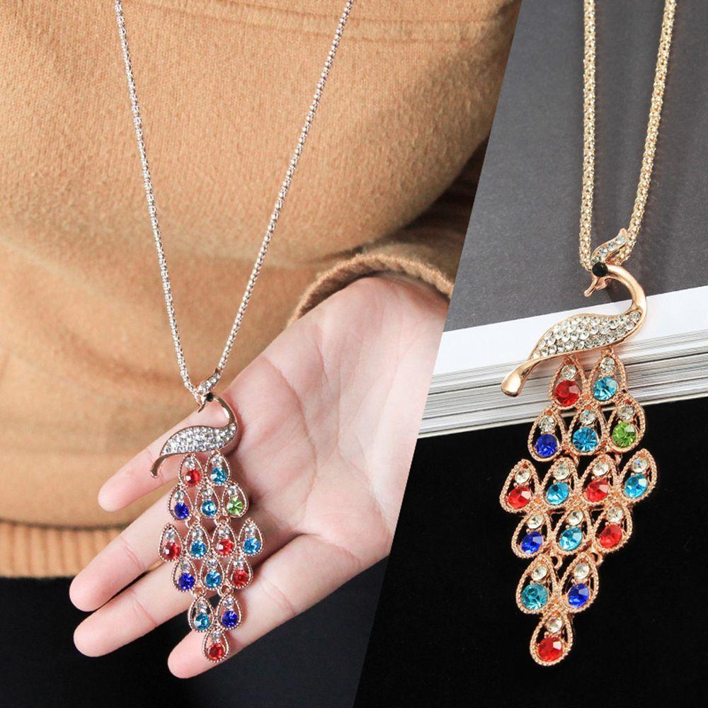 Hot Sale Special Trendy Unique New Colorful Crystal Peacock Pendants Necklaces for Women Long