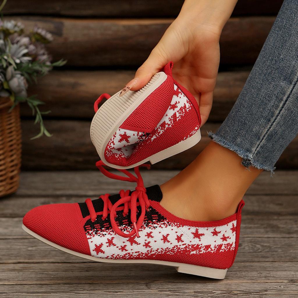 Women's Round Toe Flats Shoes Women Fashion Autumn Casual Lace-up Shoes Knitted Mesh Breathable Flat Shoes Woman Sneakers