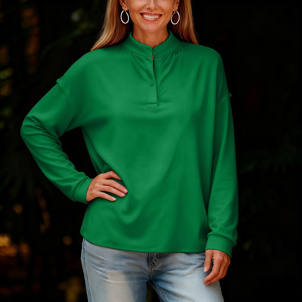 Женская модная и повседневная свободная однотонная блузка с длинным рукавом и круглым вырезом на пуговицах