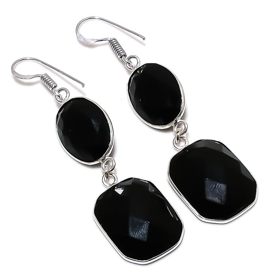 Natural Black Spinel Gemstone 925 Sterling Silver Jewelry Earring 2.44" C3v05