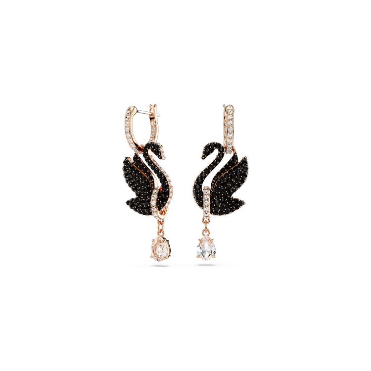Swarovski Swan Drop Earrings Swan/Black/Rose Gold-tone Plated