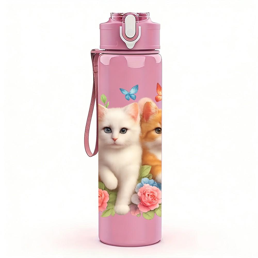 1PC Three Cats Floral Portrait 750ml Color Plastic Sports Water Bottle Leakproof Flip Straw Lid Suitable for Sports Office Home Use