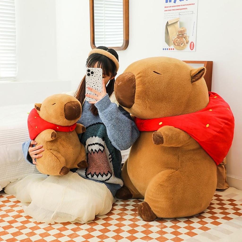 Capybara Plush Body Extra with Removable Strawberry Gift Pillow, Large, Hat, Cute, Fluffy, Fun, Strawberry, Toy, Comfortable, Soothing, Gift, Brown,