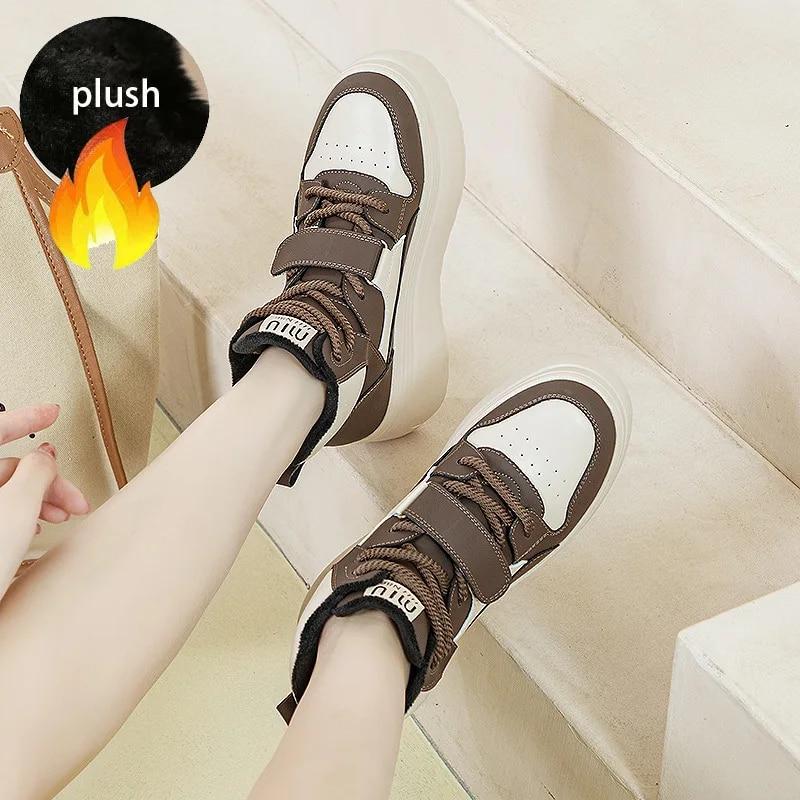 Fujin 8 см из синтетической натуральной кожи, женские кроссовки на платформе до щиколотки, женская обувь, весенне-осенние теплые зимние армейские ботинки на меху, ботильоны