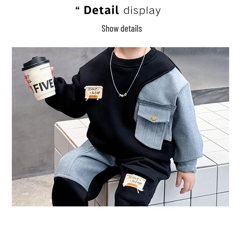 Весна Осень 2025 Комплект из флисового денима в корейском стиле для мальчиков