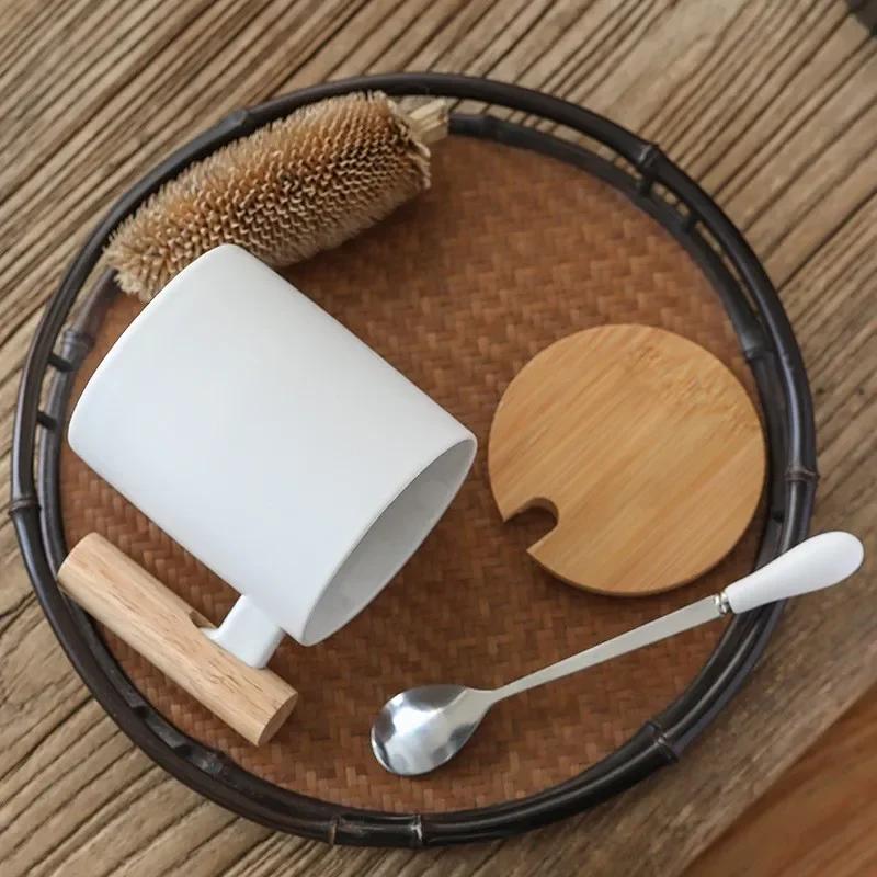 310ml Simple Style Ceramic Water Cup with Wooden Handle Coffee Mug with Lid Stainless Steel Spoon Tea Cup Modern Couple Cups