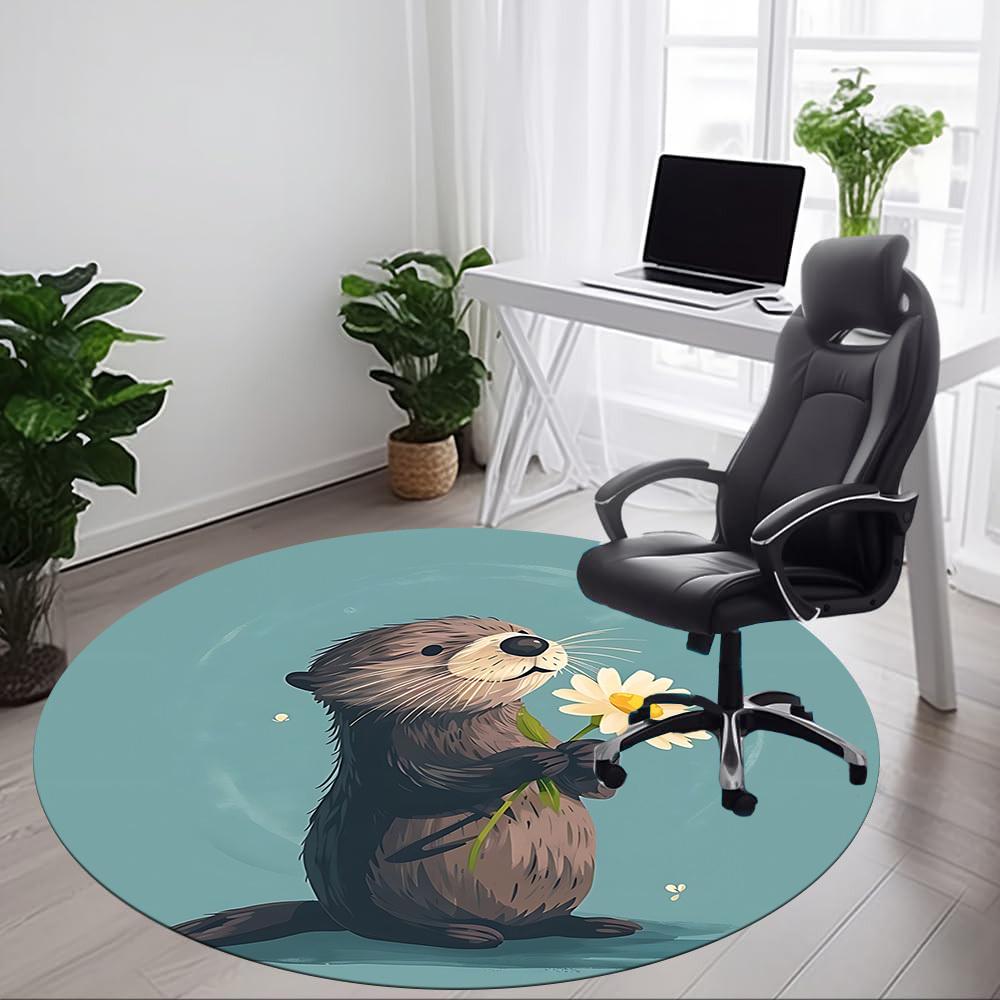 1pc Otter Daisy Office Round Area Rug, Indoor Mat Suitable For Office, Under Office Chairs Bedroom Living Room Home Decor, Room Deco, 080