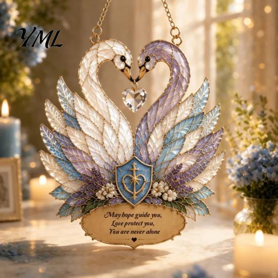 Acrylic Hanging Ornament Stained Glass Style Swan Pendant, Decorative Suncatcher for Window Car Love Symbol Home Decor And Christmas Tree Ornament,