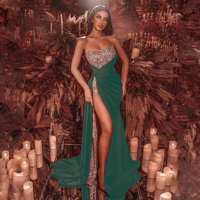 2026 Sequin Split Maxi Dress Sexy Off Shoulder Strapless Gown Evening Party Prom