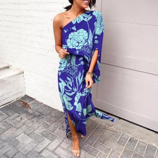 Женское платье макси на одно плечо с рукавами «летучая мышь» и цветочным принтом, длинное платье с разрезом