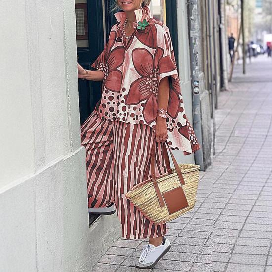 Women's Floral Print Loose Two-Piece Set Lapel Short Sleeve Top Wide Leg Pants Set Summer Casual Boho Streetwear