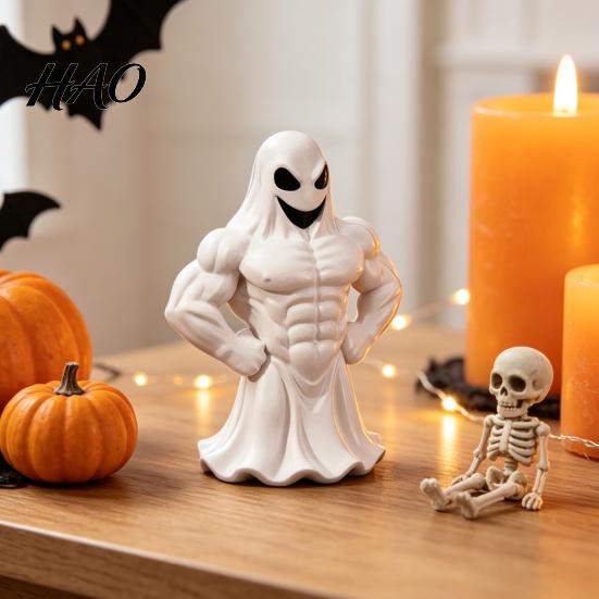 Sturdy PLA Sculpture 3D Printed Buff Ghost Figurine, Funny Muscle Desktop Creative Holiday Gift Ornament, Spooky Halloween Decor, Novelty Home