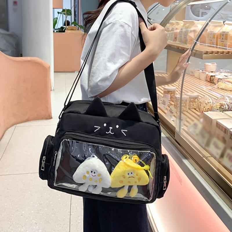 Симпатичная прозрачная сумка через плечо с изображением кота, вместительная студенческая сумка через плечо, сумка из аниме-холща