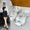 Footwear Bow Summer 2024 One Word Sandals for Woman White Women's Shoes Super-high Heel Anti Slip Hot Chic and Elegant Casual F