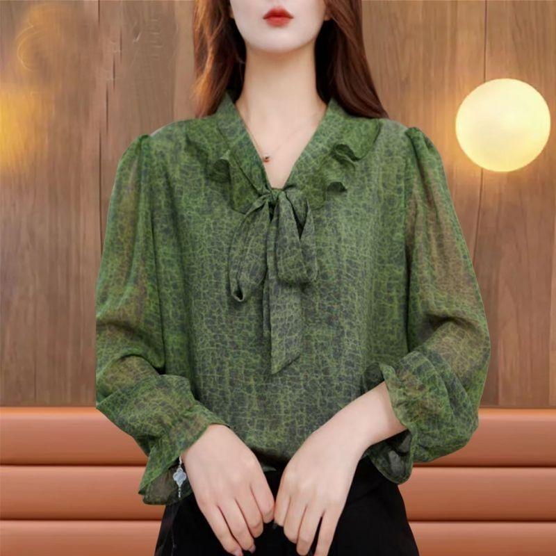 Printed Simple Women's Long-sleeved Shirt Spring New Bow Loose Slimming Top