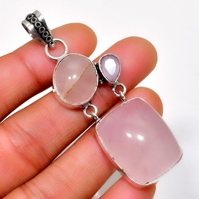 Rose Quartz Pink Chalcedony Gemstone 925 Silver Plated Pendant 2.46"