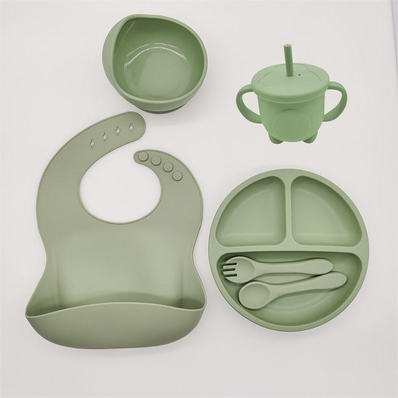 Children's Dishes Set Baby Silicone Tableware 6PCS Set Sucker Bowl Bib Cup Fork Spoon Set Maternal and Infant Supplies BPA Free