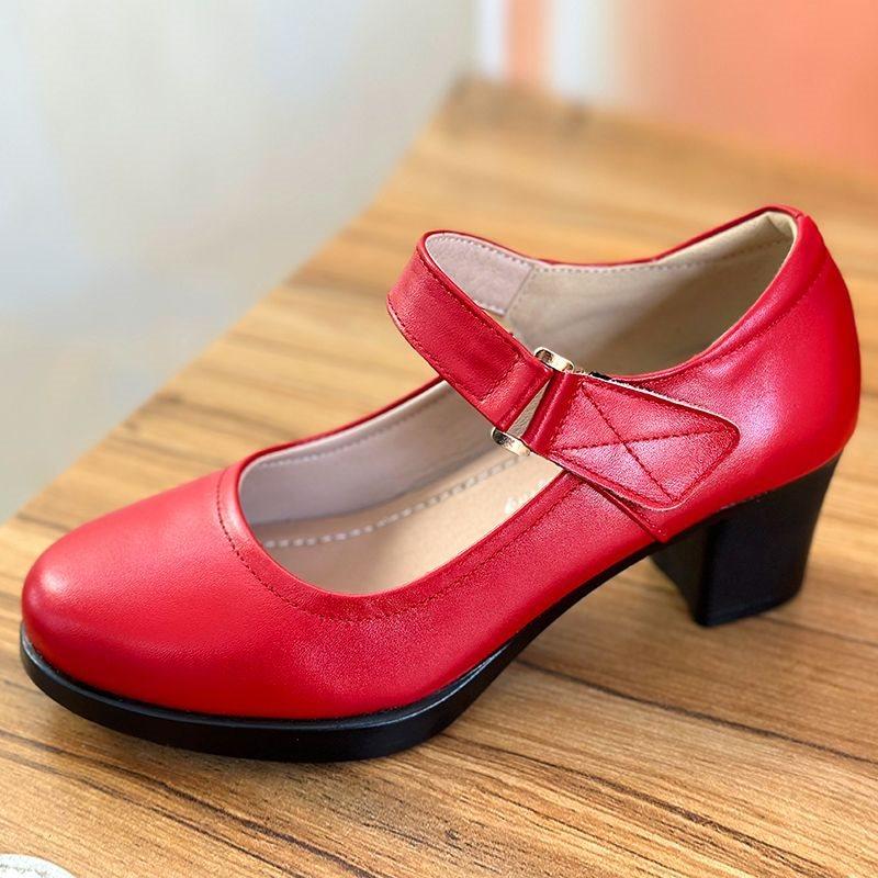 Medium Heel Cheongsam Catwalk Shoes Round Head Thick Heel Women's Professional Work Shoes Beef Tendon Sole Single Shoes Mother
