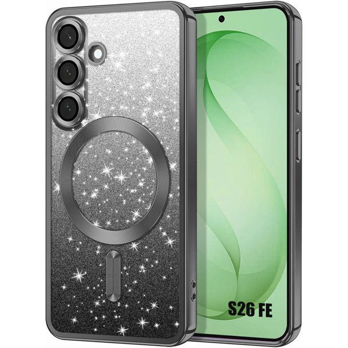Coque pour Samsung Galaxy S26 FE, Silicone Anti-Rayures avec Anneau Magnétique - Noir Pailleté