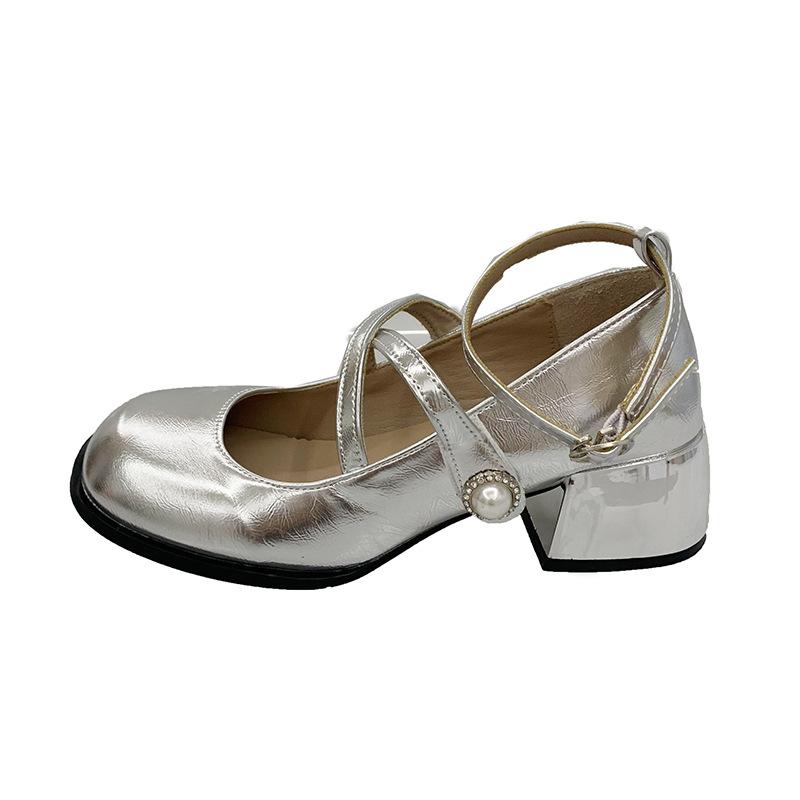 Temperament серебристо-жемчужные туфли Мэри Джейн женские весенне-осенние туфли на высоком каблуке в стиле французского ретро с перекрестными пряжками на толстом каблуке jk single