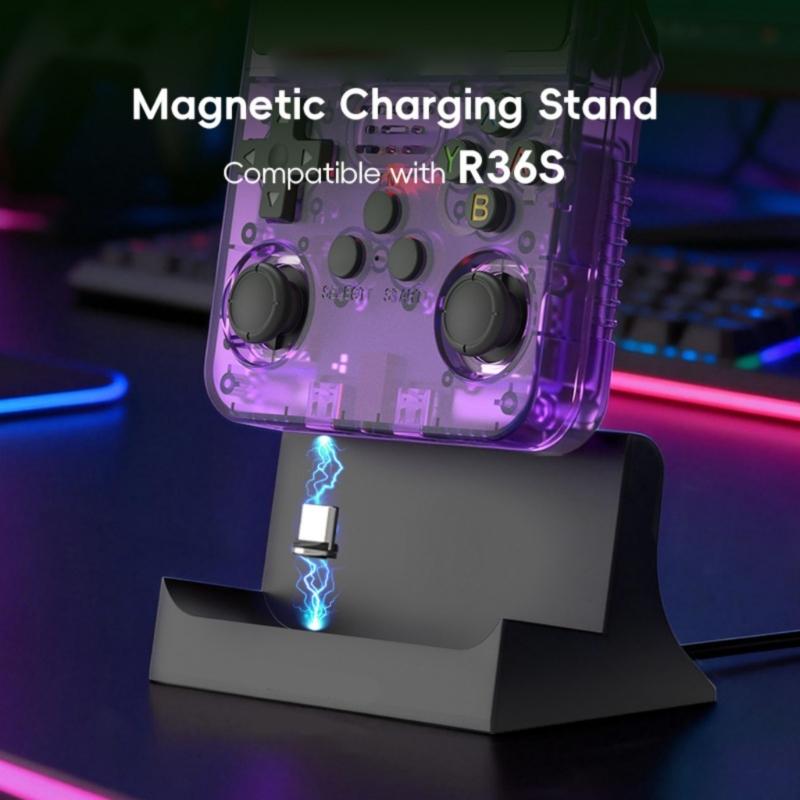 Магнитная зарядная подставка для игровой консоли R36S с портом Type-C и материалом ABS. Идеально подходит для использования на рабочем столе и в спальне.