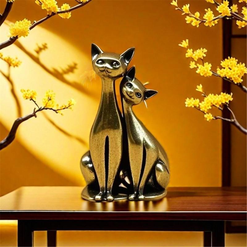 Согревающие Сердца Пара Влюбленных Котов Латунная Скульптура Сплавы Миниатюрное Украшение Домашний Декор Подарок для Пары или Любителя Котов