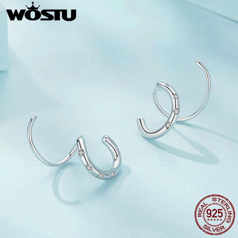 WOSTU Креативные двойные серьги-серьги для женщин, стерлинговое серебро 925 пробы, блестящий циркон, простые серьги-гвоздики для вечеринок, ювелирные изделия в подарок