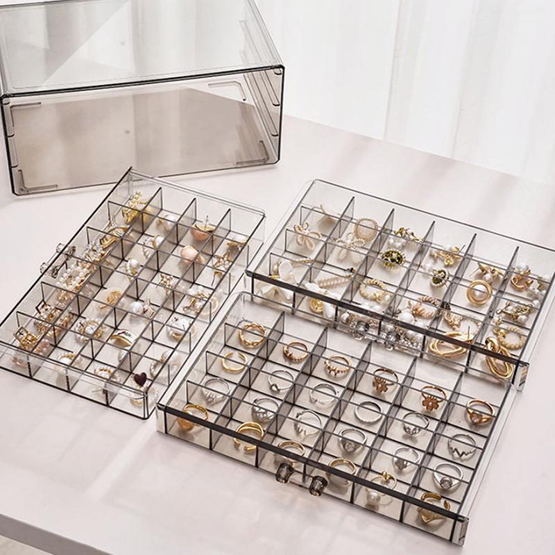 1 Pack 3 Layer 72 Grid Large Capacity Ring Earring Necklace Jewelry Storage Box Desktop Drawer Organizer Dust-Proof Storage Box