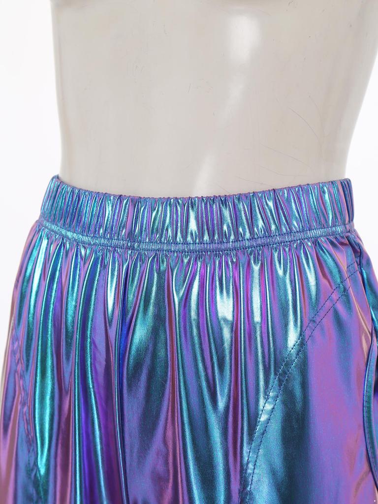 Женские металлизированные танцевальные брюки с высокой талией, эластичный пояс, свободный крой, спортивные брюки, блестящие, современные брюки