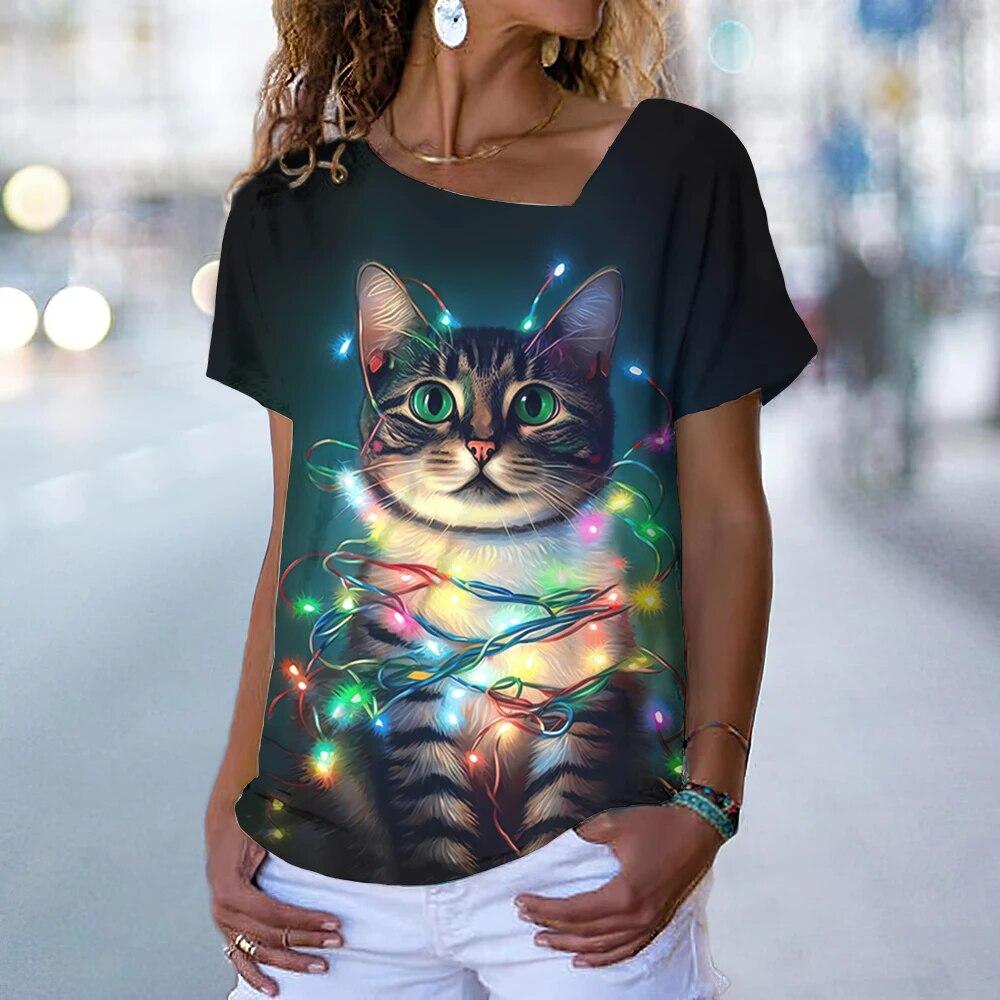 Fashion Cat T-Shirt Women's V Neck Tees Top Vintage Red Christmas Clothes Summer Chic Oversized Femele Clothing 2023 New Tee