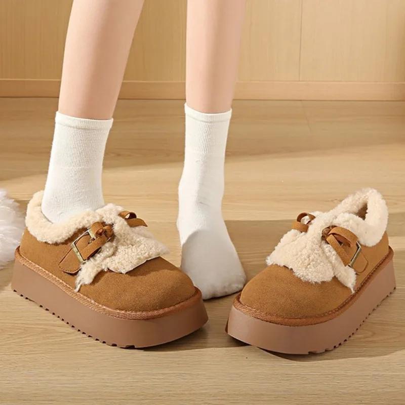 Меховые туфли на плоской подошве с бантом, женские мокасины на платформе, замшевые, плюшевые, хлопковые, брендовые, повседневные туфли на мелкой подошве, зимние трендовые, удобные, теплые, Zapatos Mujer
