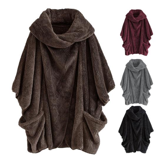 Women Winter Sweatshirt with Pockets Double-sided Velvet Baggy Irregular Large Turn-down Collar Solid Color