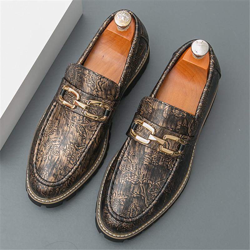Fashion New Retro Print Pattern Leather Loafter Men's Metal Chain Casual Shoes Designer Formal Wedding Dress Homecoming Footwear