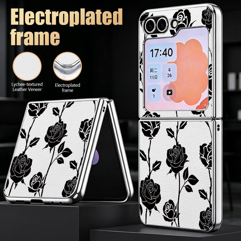 Ретро Цветы Черная Роза Печать Чехол Для Samsung Galaxy Z Flip 8 7 6 5 Z Flip8 Flip7 Flip6 Гибридный 3-в-1 Покрытие Кожаная Накладка Чехол Для Складного Телефона