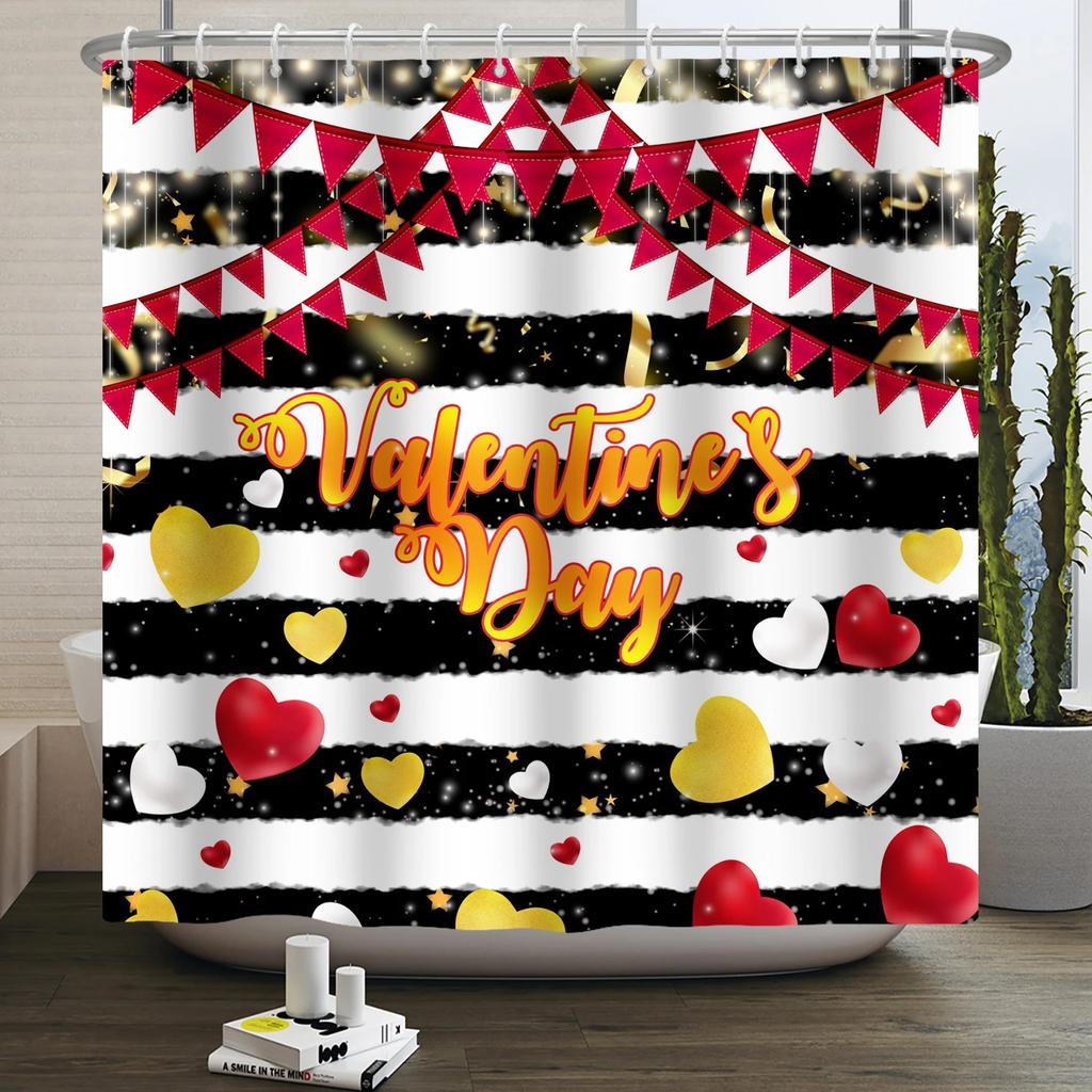 Happy Valentines Day Heart Shower Curtain Red Pink Romantic Falling Love Heart Sweet Lovers Waterproof Bathroom Curtain Decor