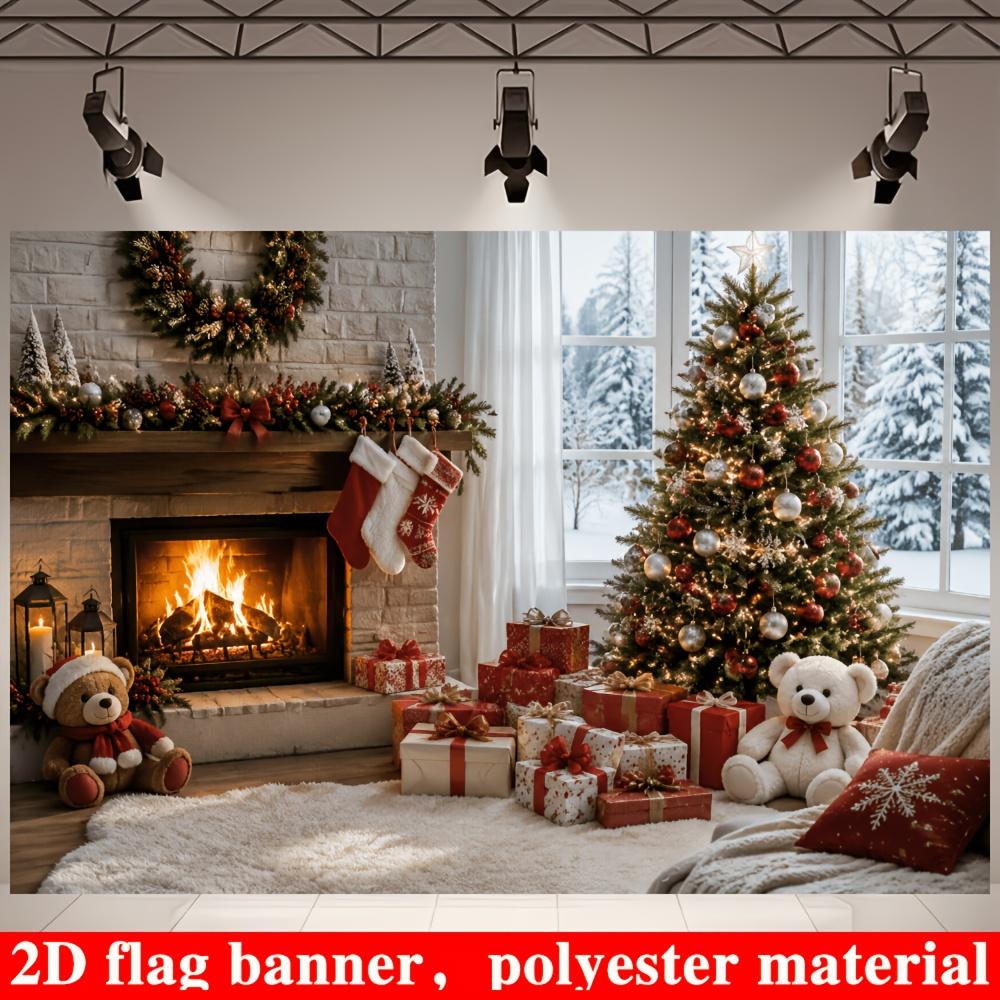 2D flat flag. Warm Christmas theme banner background. Christmas indoor scene theme. With a burning fireplace.zyc