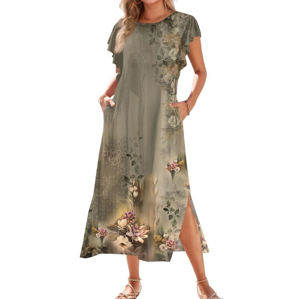 Женское модное летнее повседневное пляжное платье с плиссированными рукавами, свободным ретро-цветочным принтом, короткими рукавами, круглым завязкой и карманом