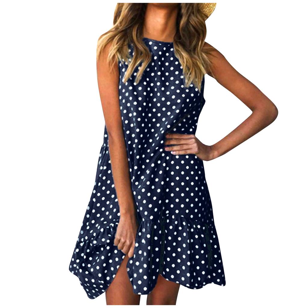 Fashion Women  Sleeveless Polka Dot Loose Casual Ruffle Dress